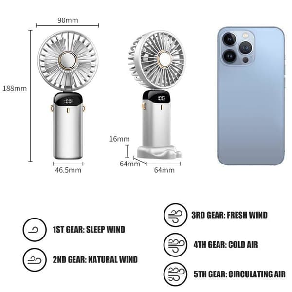 USB-genopladelig bærbar ventilator — Sammenfoldelig skrivebordsventilator med 5 hastigheder (med LED-skærm) — Hvid Vit