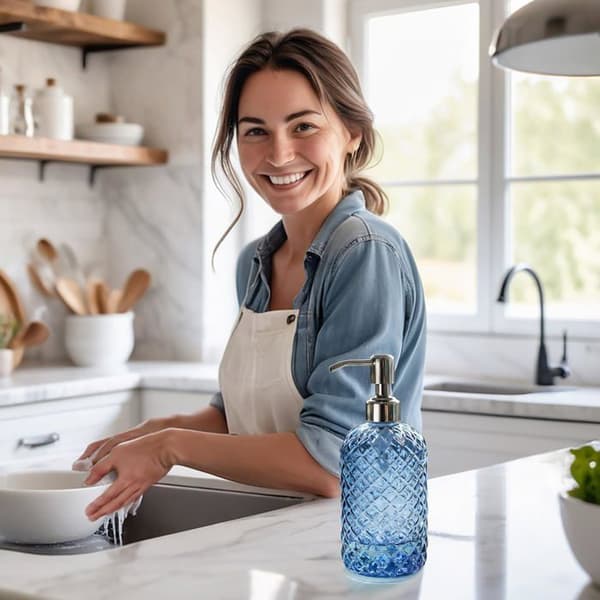 Glas tvålbehållare - SONGHUI - Mönster av ädelstenar - Mörkblå - 532 ml - Rostbeständig pump marinblå