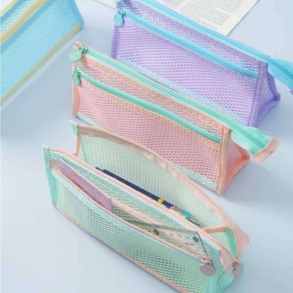 Pencilcase - SONGHUI - Stor kapacitet dobbelt lag - Gennemsigtig mesh - Rosa Ros