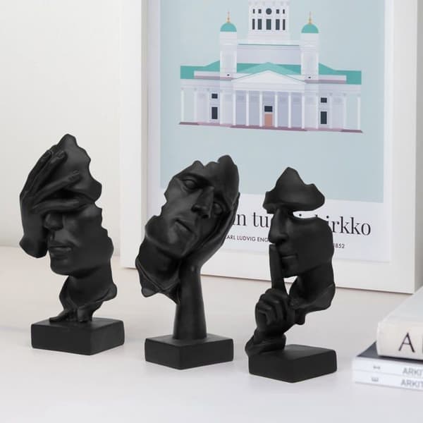 Sæt af 3 statuer "Tænker" – Dekorativt objekt i abstrakt kunst "Tavshed er guld" (Sort)