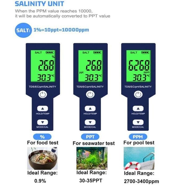 Salinitets- och pH-testare för pool — Digital penna för mätning av salinitet och pH, fem funktioner i en