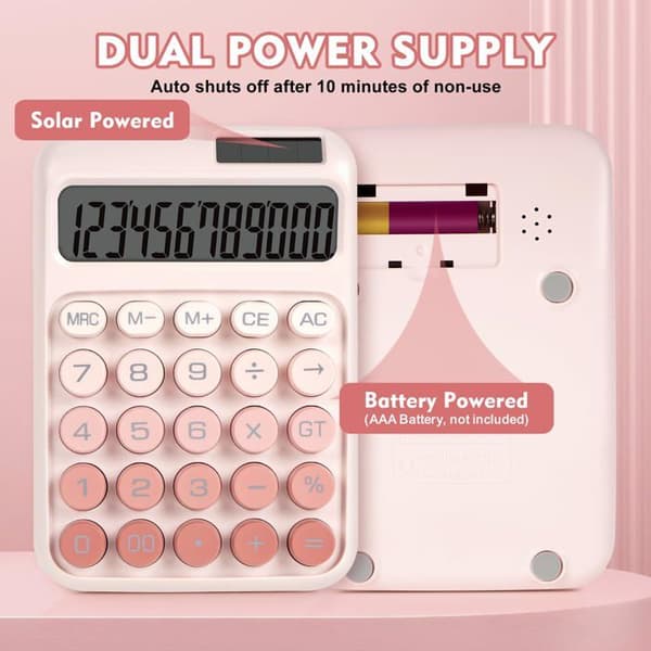 Mekanisk tastet regner – 12-cifret display, dobbelt strømforsyning (solenergi og batteri), stort LCD-display (rosa)