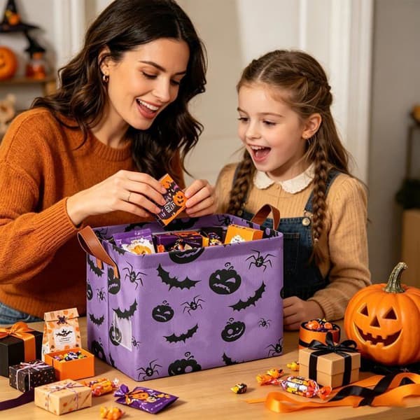 Foldbar opbevaringskurv til slik - Halloween opbevaringskurv [Lilla flagermus græskar]