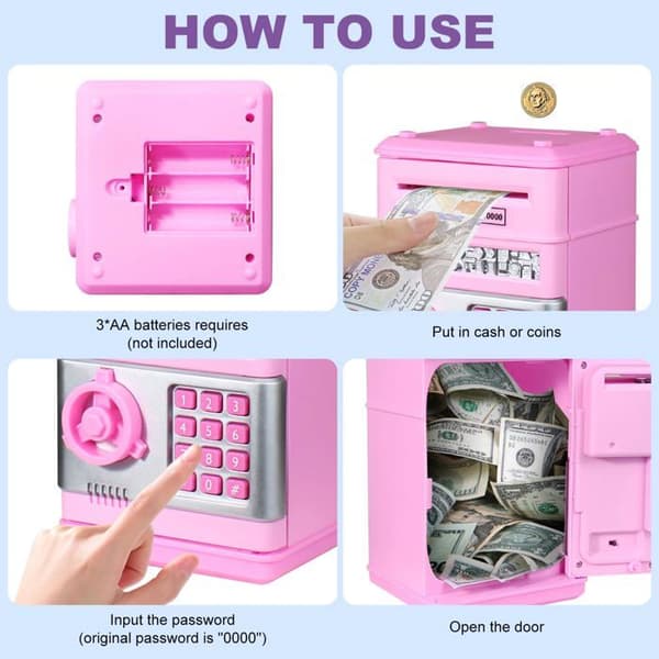 Spargris - SONGHUI - Mini pengeskab med kode - 4 cifre - Automatisk møntindkast - Rosa Ros