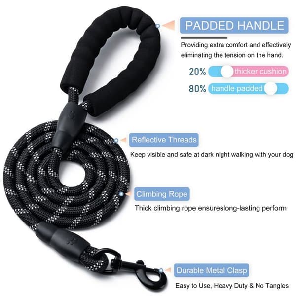 Hundkoppel - SONGHUI - Set om 2 (1,5 m) - Ultra-hållbart flätat nylon - Reflekterande - 360° karbinhake svart