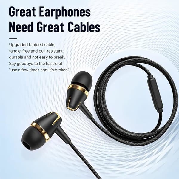 Kablede in-ear høretelefoner med støjreduktion, mikrofon og 3,5 mm jackstik.