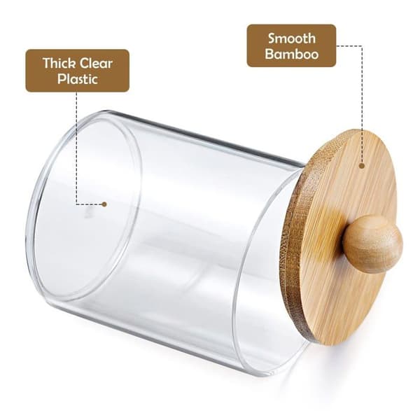 Set med 4 förvaringsbehållare för bomullspinnar med lock i bambu — Transparenta plastbehållare på 10 oz