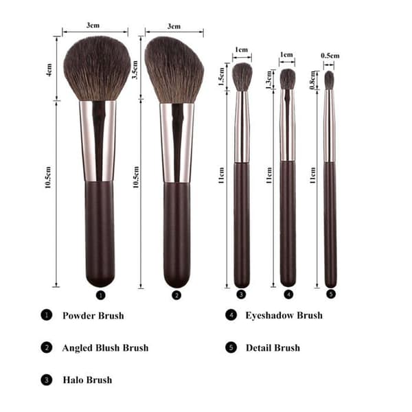Rejse makeup penselsæt - Champagne Coffee - 5 dele - Ultra bløde gedde hår - Opbevaringspose Champagnekaffe