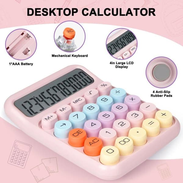 Skrivbordskalkylator med stora mekaniska knappar — Stor skärm 12 siffror (Rosa)