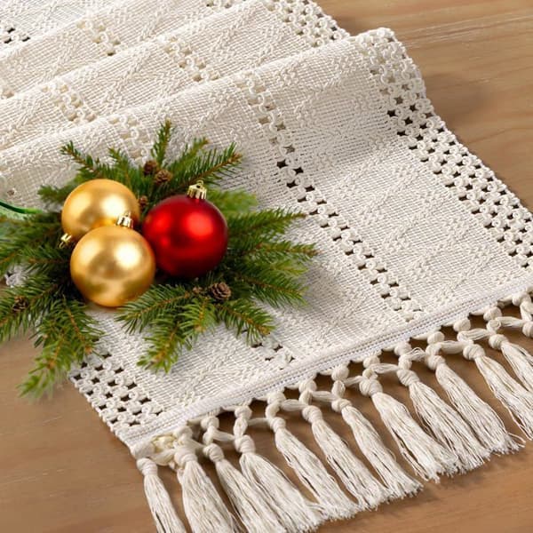 Bordløber - SONGHUI - 12 x 36 tommer - Beige - Bomuld - Håndvævede frynser beige
