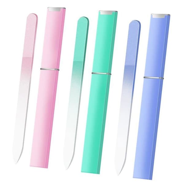 Glas neglefile (med opbevaringsetui, sæt af 3), dobbelt-sidet krystal neglefile (rosa, mintgrøn, blå)