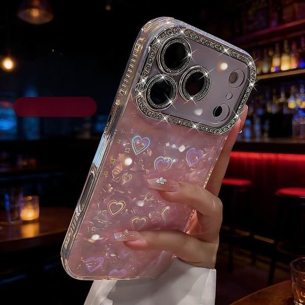 Hjerteformet skal til telefon med fint porer, kompatibel med iPhone 17 Pro Max, rosa.