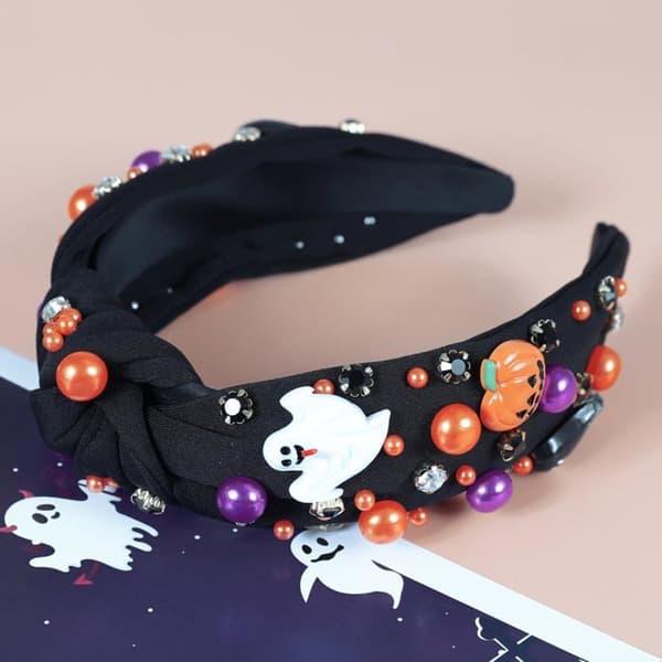 Halloween-hårbånd dekoreret med perler – Stort snoet hårbånd med krystaller og sten (Sort)