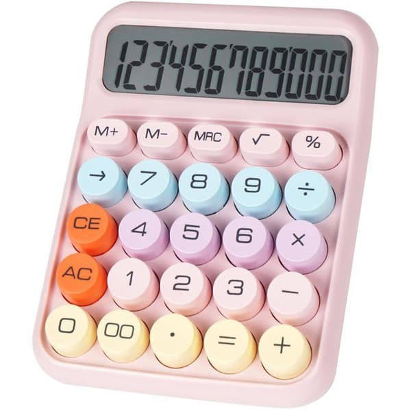 Skrivbordskalkylator med stora mekaniska knappar — Stor skärm 12 siffror (Rosa)