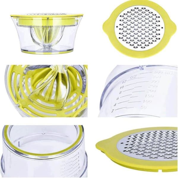 Manuell citruspress (citron/apelsin) med mätglas och integrerad rivjärn, grön