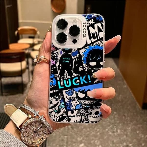 iPhone-fodral, graffiti-mönster, silverram, PC-material, stöttålig - vit.