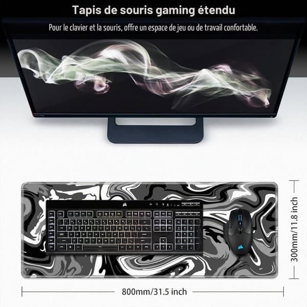 Gaming musemåtte, 800 x 300 mm | Stor skrivebordsmåtte med strømlinet design, syede kanter, vandafvisende, skridsikker.