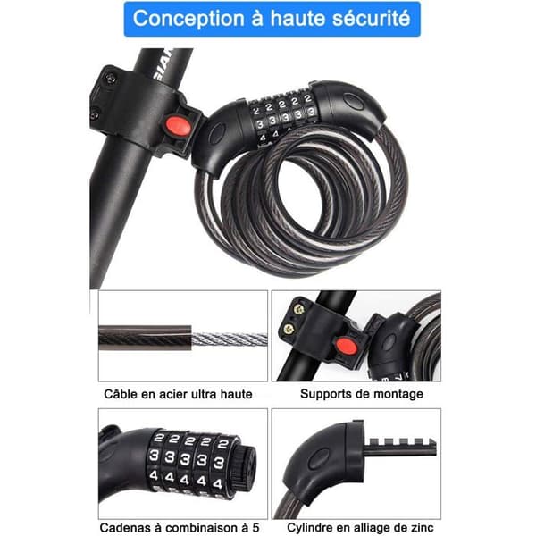 Cykellås - SONGHUI - Lås med 5 siffror - stål kabel PVC 120 cm - 12 mm - rostbeständig