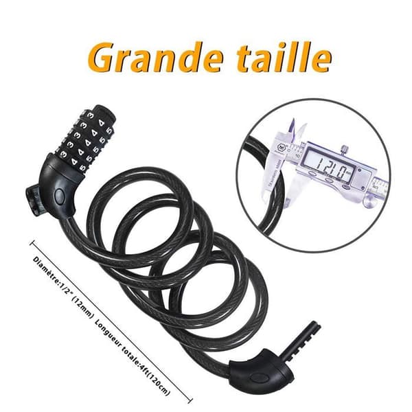 Cykellås - SONGHUI - Lås med 5 siffror - stål kabel PVC 120 cm - 12 mm - rostbeständig
