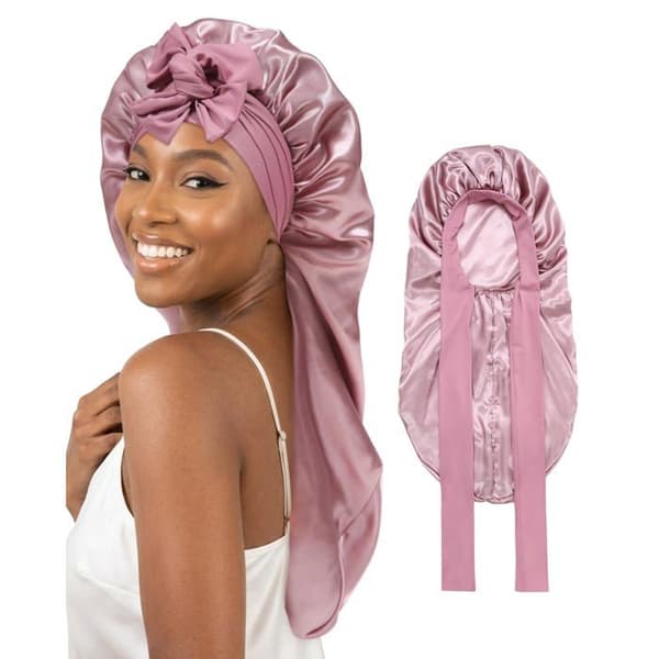 Nattehue - SONGHUI - Lang satin dobbelt tykkelse - Justerbar snor - Til langt hår - Lys rosa