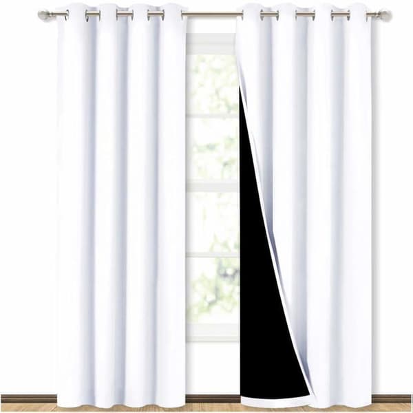 100 % mörkläggande gardiner — Gardiner med termisk isolering och svart foder (vit, set om 2, bredd 52 tum per panel)