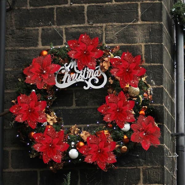 16 dekorative juleblomster - til juletrædekoration, DIY julekranse og festdekoration (Rød)