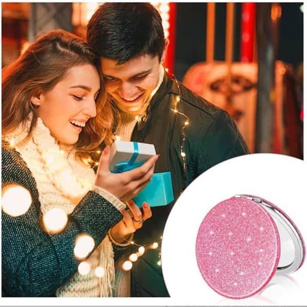 Smukt rosa og bærbart makeup-spejl til kvinder, kompakt rejsemirror med forstørrelse, foldbart spejl.