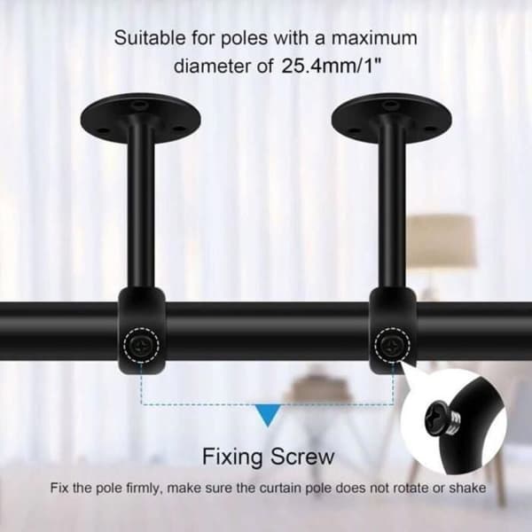 Sæt med 4 loftmonterede gardinstangholdere, sort - 25 mm - I robust metal - Til garderobestang, klædeskab, støtte