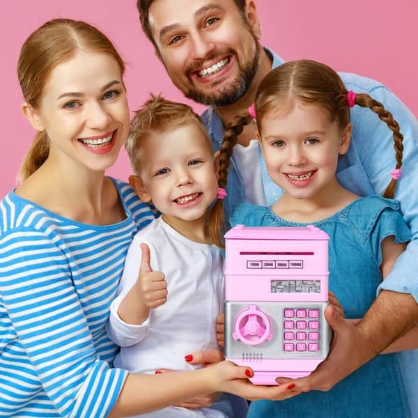 Spargris - SONGHUI - Mini pengeskab med kode - 4 cifre - Automatisk møntindkast - Rosa Ros
