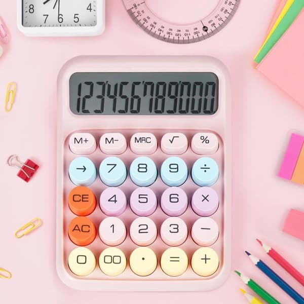 Skrivbordskalkylator med stora mekaniska knappar — Stor skärm 12 siffror (Rosa)