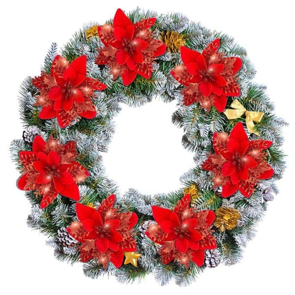 Sæt med 12 røde kunstige juleskaber, julepynt, julekroner, dekorationer til juletræ.