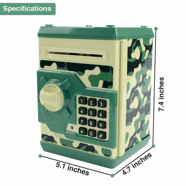 Mini-elektronisk sparebøsse – Med automatisk indsættelse af sedler og kode-lås (Grøn camouflage)