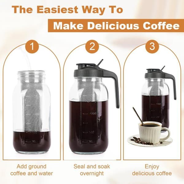 Koldbrygget kaffekande, Mason jar stil på 64 oz (ca. 1,9 L) med rustfrit stålfilter; tykt glas