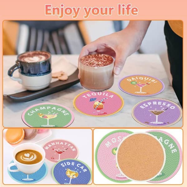 Sæt af coasters i Diamond Painting med cocktail-tema til voksne (sæt med 8 dele med holder)