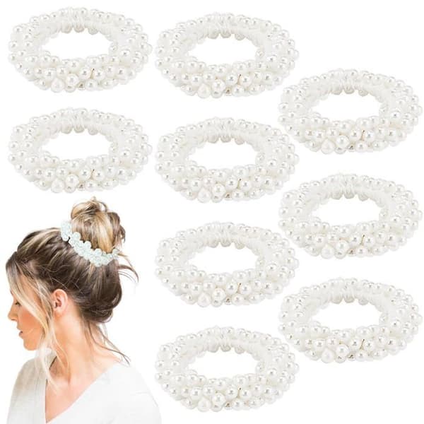 Hårsnoddar med pärlor - SONGHUI - 9-pack - Vit - Hög elasticitet - Bohemisk stil Vit