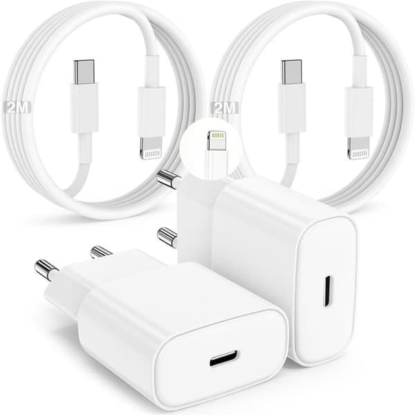 Hurtigopladningssæt 20 W til iPhone 14/13/12/11, 2 meter datakabel | USB-C opladeradapter (sæt af 2)