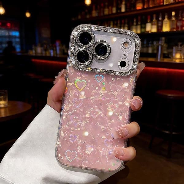 Hjerteformet skal til telefon med fint porer, kompatibel med iPhone 17 Pro Max, rosa.