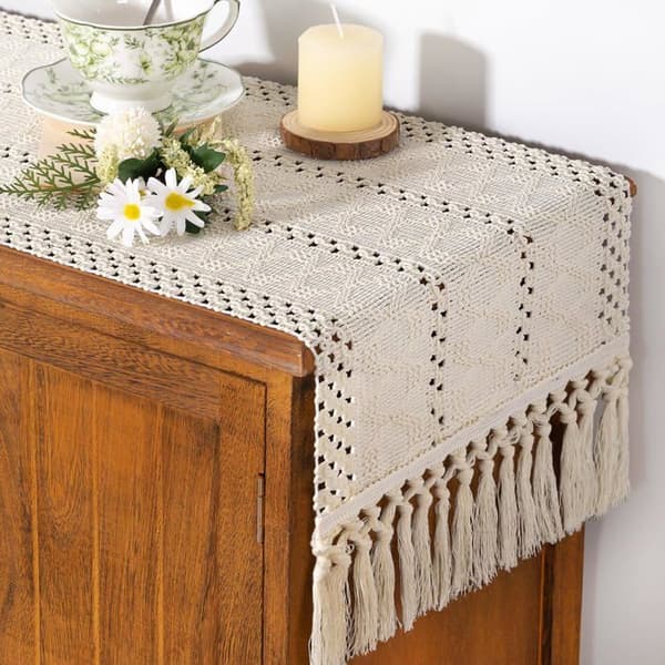 Bordløber - SONGHUI - 12 x 36 tommer - Beige - Bomuld - Håndvævede frynser beige