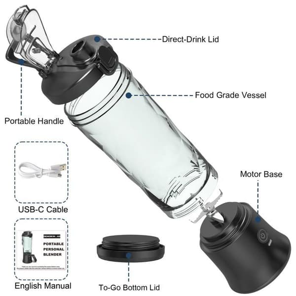 Bærbar blender - SONGHUI - Trådløs individuel blender - 600 ml - 6 blade - Sort