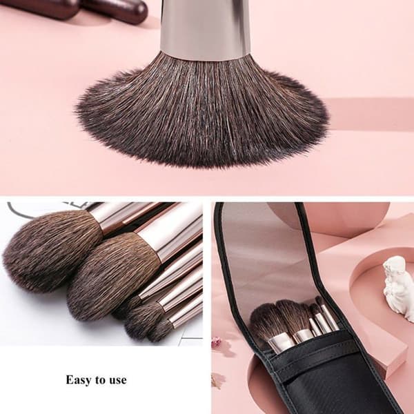 Rejse makeup penselsæt - Champagne Coffee - 5 dele - Ultra bløde gedde hår - Opbevaringspose Champagnekaffe