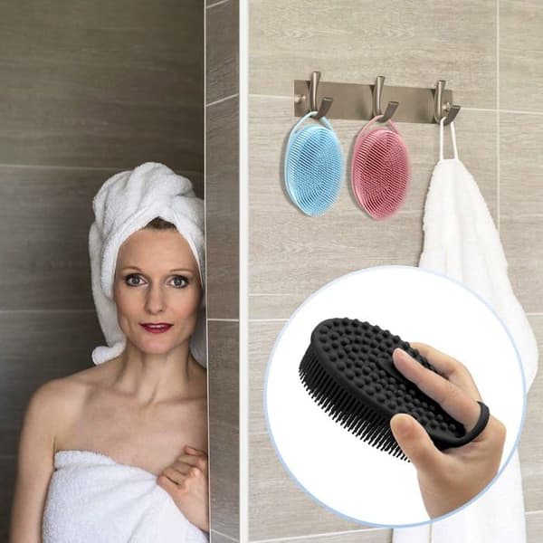 Set med 3 silikonbadborstar – Mjuka, typ luffa, för duschen, skummar snabbt (svart, blå, rosa)