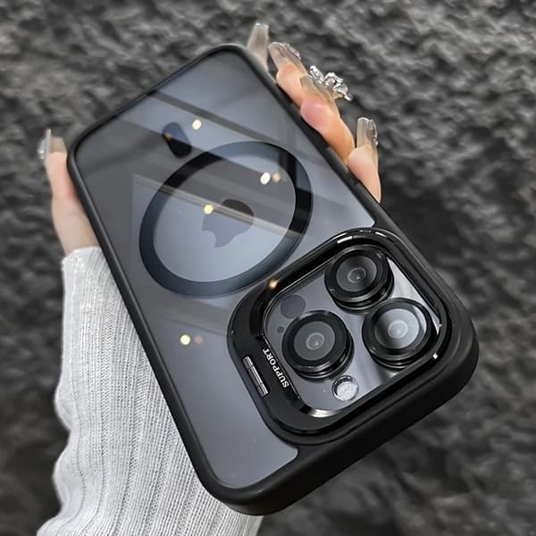 Minimalistisk magnetisk cover med metalramme, objektivbeskyttelse og stativ (3-i-1) — Til iPhone 17 Pro Max
