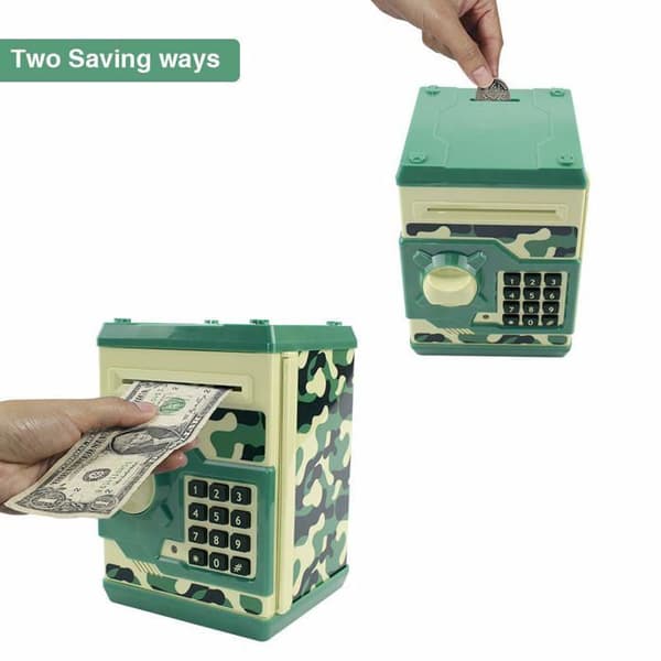 Mini-elektronisk sparebøsse – Med automatisk indsættelse af sedler og kode-lås (Grøn camouflage)