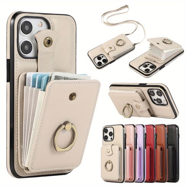 Etui-pung til iPhone 17 Pro Max (med kortlommer) Udstyret med en 360° roterende ring-støtte og RFID-beskyttelse.