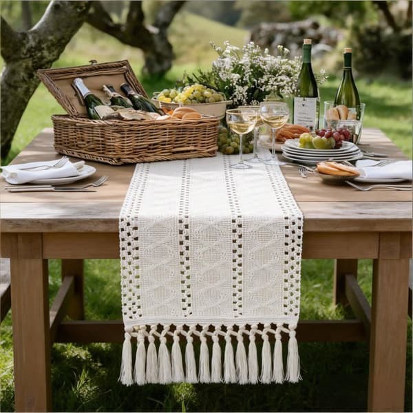 Bordløber - SONGHUI - 12 x 36 tommer - Beige - Bomuld - Håndvævede frynser beige