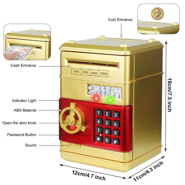 Spargris för barn, öppning med kreativt lösenord, mini leksakssäkerhetsskåp (batterier ingår ej) - Guld