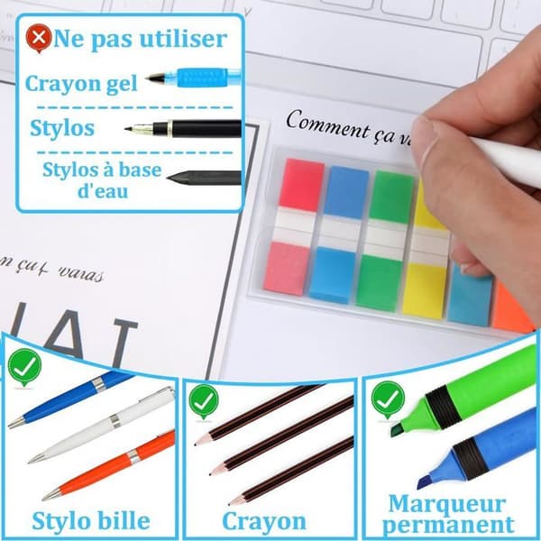 Sæt med 5 farvede bogmærker/klæbende noter, lavet af PET, tilfældige farver, ideelle til studier og kontor.