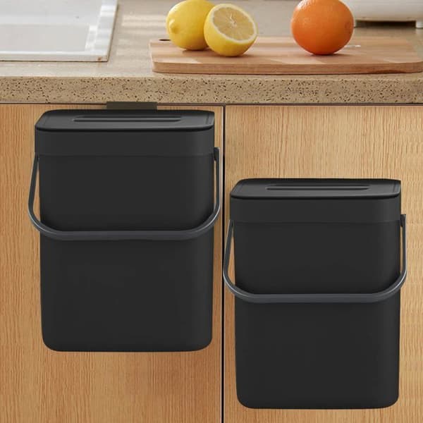 Bänkompostbehållare med lock / Hängande soptunna under diskbänk (5 L, svart, 1 enhet)