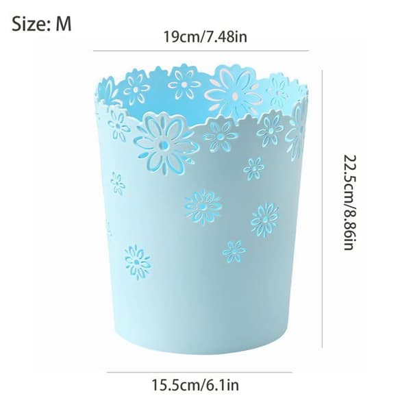 Liten blå papperskorg — Papperskorg för rum, plastkorg med utskuret blommönster (blå, medelstor)