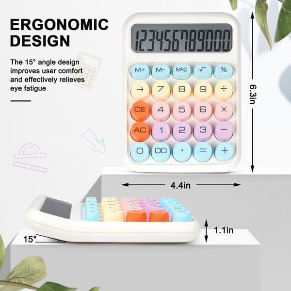 Kontorregner med mekaniske taster og brede – Stort LCD-display med 12 cifre (Hvid/Rosa)